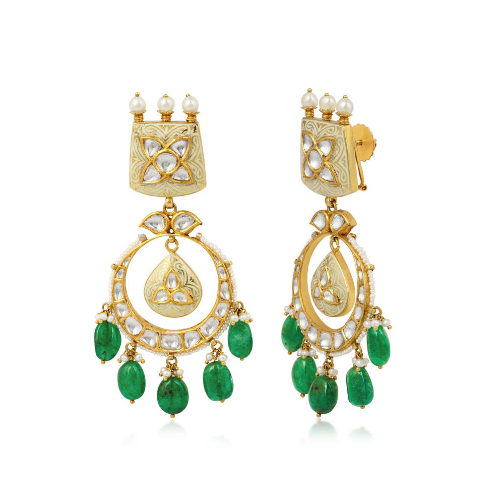 Ivory Enamel Chandbali Earrings with Polki, Emeralds, and Pearls